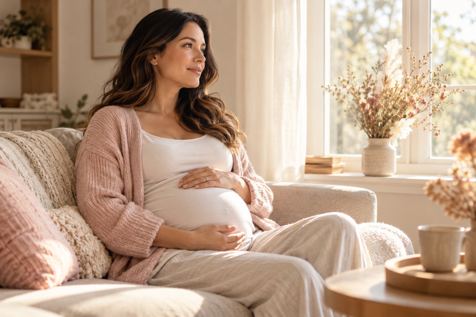 Future maman se reposant près d’une fenêtre