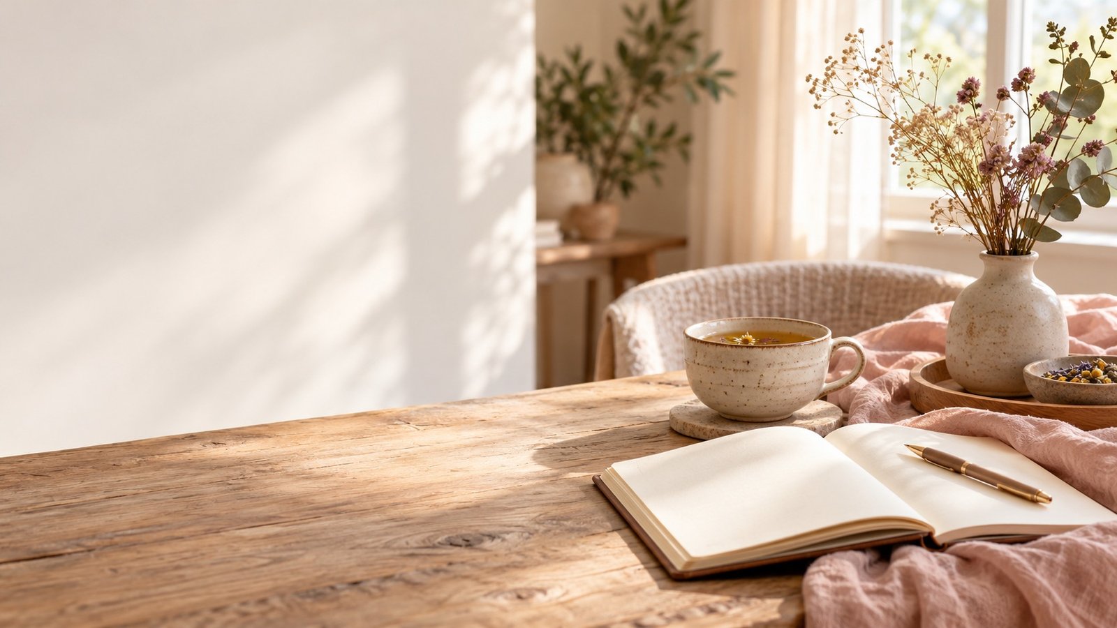 Carnet, tasse et fleurs dans un espace calme